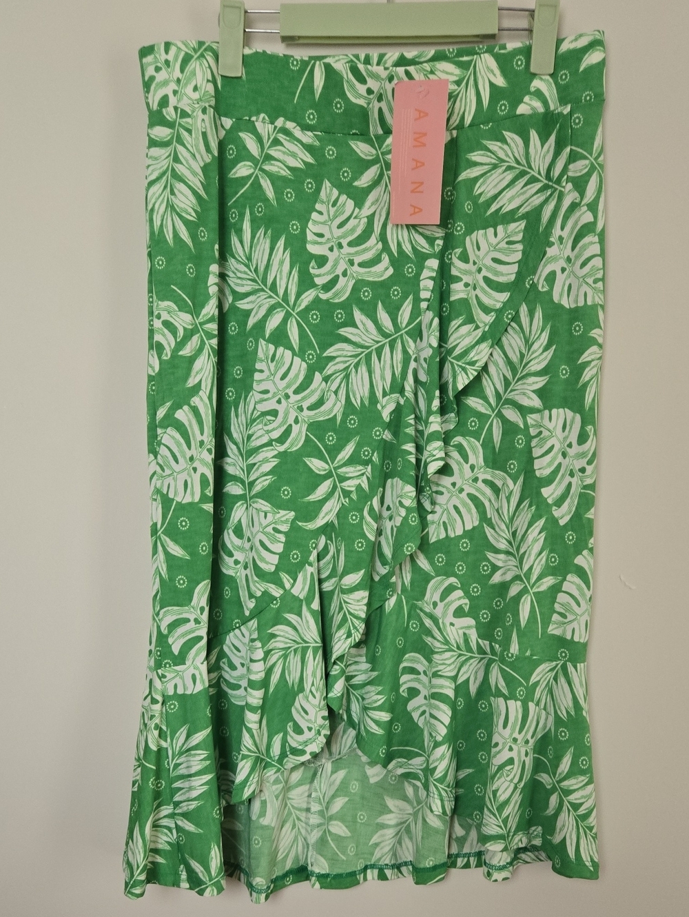 Amiana Green and White Tropical Leaf Skirt